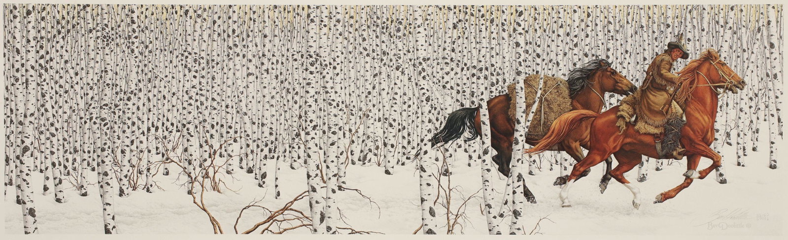 BEV DOOLITTLE (B. 1947) PENCIL SIGNED COLOR LITHOGRAPH: Bev Doolittle (Born 1947) Sacred Ground 1989 Pencil signed and edition 46162/69996 lower right, printed signature lower right, includes the original printed folio and certificate. Image size 11.5 x 38