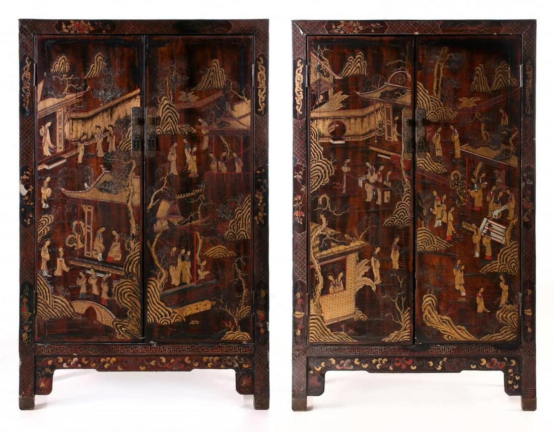 PAIR EARLY 20TH C. CHINESE CHINOISERIE LACQUER CABINETS (1 of 20)
