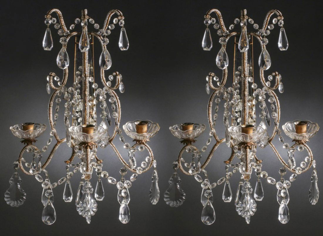 A PAIR ITALIAN BEADED BRONZE SCONCES DRESSED IN PRISMS (1 of 13)