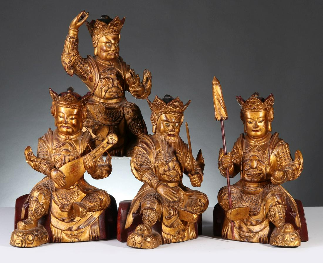 FOUR 19TH CENT. CHINESE CARVED AND GILDED WOOD FIGURES (1 of 12)