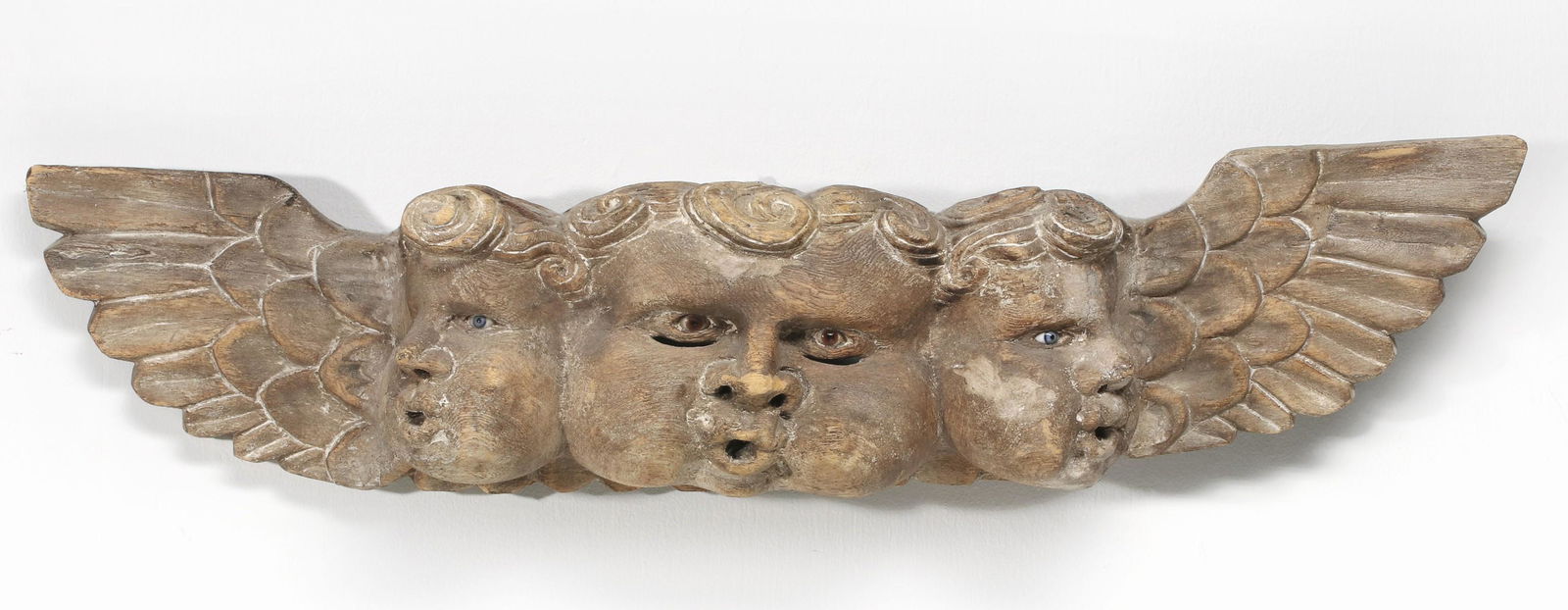 A SPANISH COLONIAL WOOD CARVING THREE GLASS EYE CHERUBS (1 of 12)