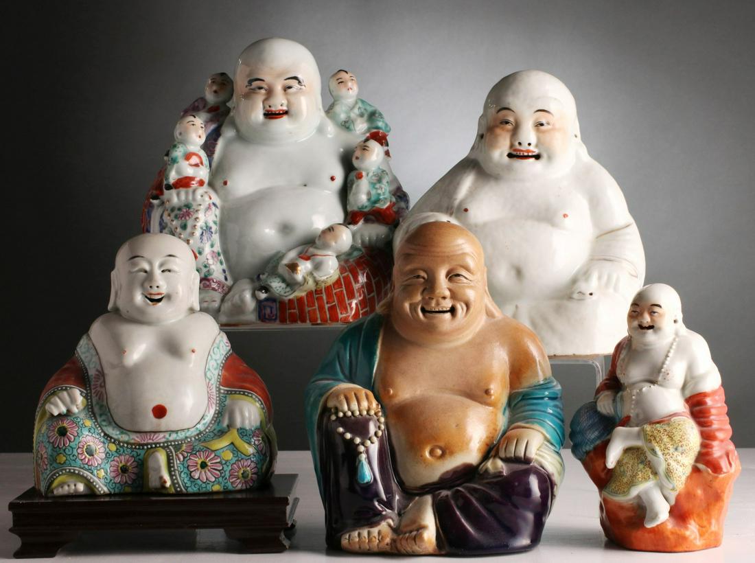A COLLECTION OF FIVE PORCELAIN LAUGHING BUDDHA FIGURES (1 of 17)