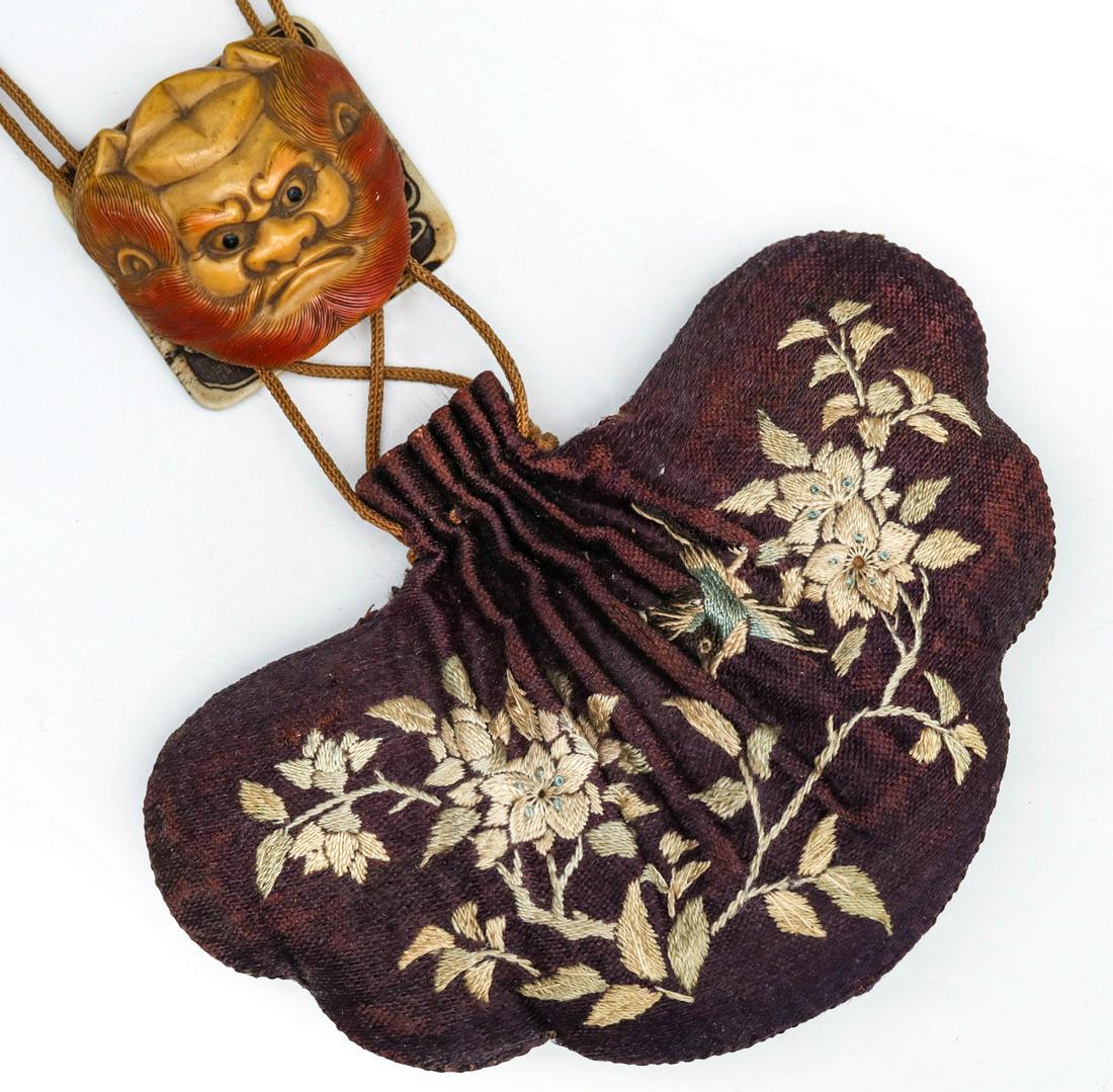 A JAPANESE EMBROIDERED PURSE WITH MYTHICAL MASK SLIDE (1 of 9)