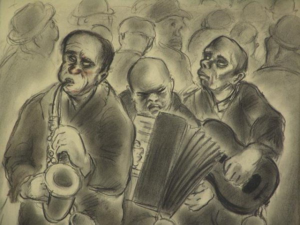 IRWIN D. HOFFMAN (1901-1989) 1930'S ORIGINAL WORK: Signed lower right, a scene of street musicians playing for change, 18 x 13 inch sight size nicely framed to 28 x 24 inches, archivally matted - a very good period piece.