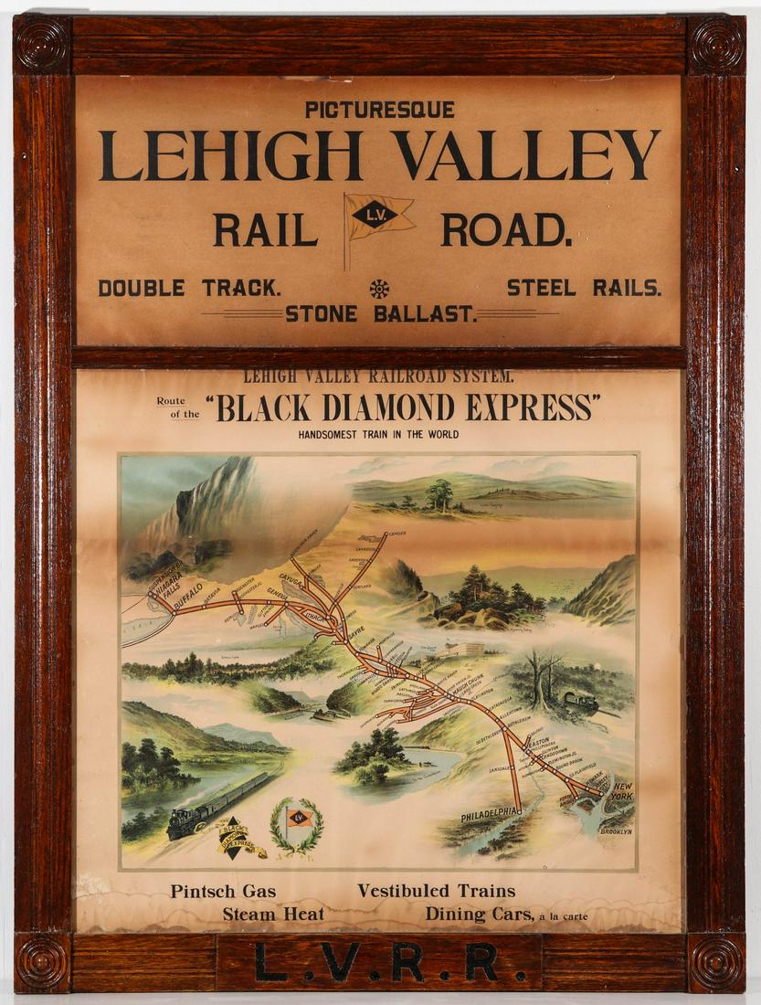 POSTER FOR LEHIGH VALLEY BLACK DIAMOND EXPRESS C. 1900: The framed diptych for Picturesque Lehigh Valley Rai Road System Black Diamond Express, Handsomest Train in the World, hand colored graphics, original branded oak frame. Sight size is 43.25 x 31 frame