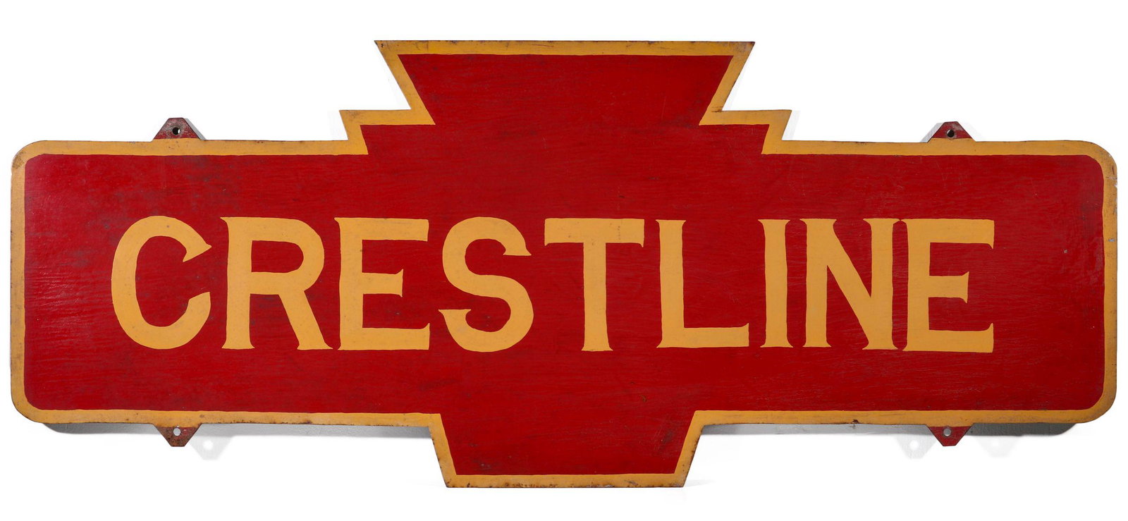 A PAINTED STEEL SIGN FROM THE PRR STATION CRESTLINE OH: The rectangular steel sign incorporating a keystone motif, red with yellow lettering for the village of Crestline which, though small, was a division point with a locomotive roundhouse. Measures 24 x 