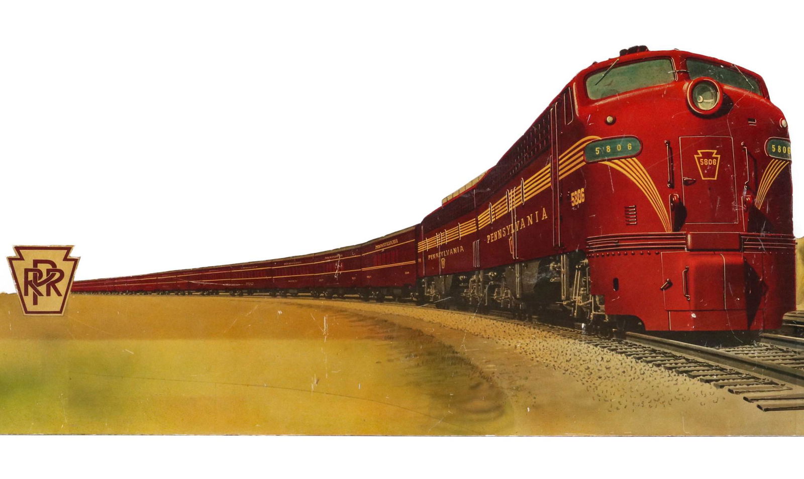 AN EXTRA LONG P.R.R. LOCOMOTIVE ADVERTISING SIGN: The die-cut Masonite sign with full color paper skin featuring the oncoming Pennsylvania Railroad locomotive #5808. Measures 19 x 52 inches. We happily provide seamless in-house packing and shipping s