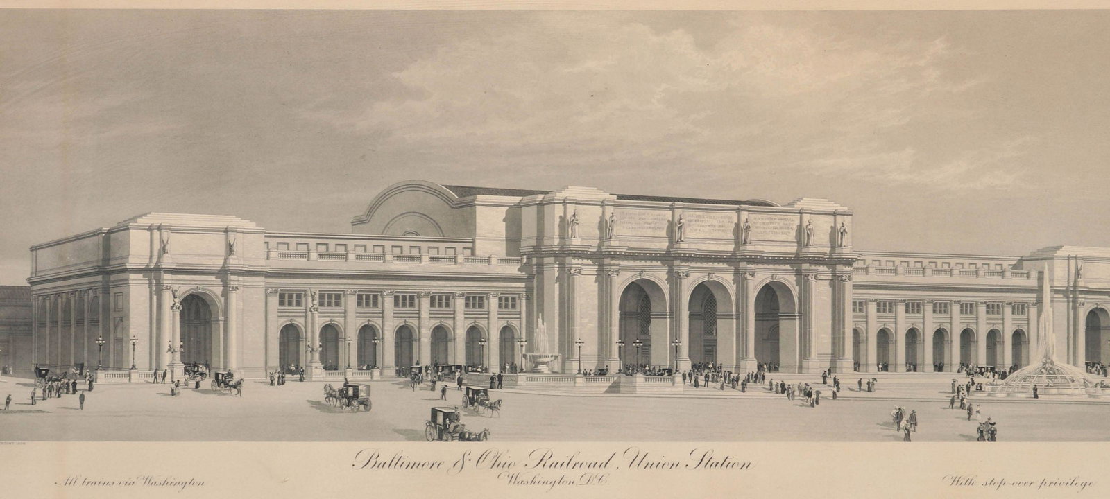 A 1916 ENGRAVING OF B&O RR UNION STATION, WASHINGTON DC: The wood engraving titled 'Baltimore & Ohio Railroad Union Station, Washington D.C.' lower center, copyright dated 16 and signed The John A. Lowell Bank Note Co. lower left. Sight size is 19.5 x 49.5 