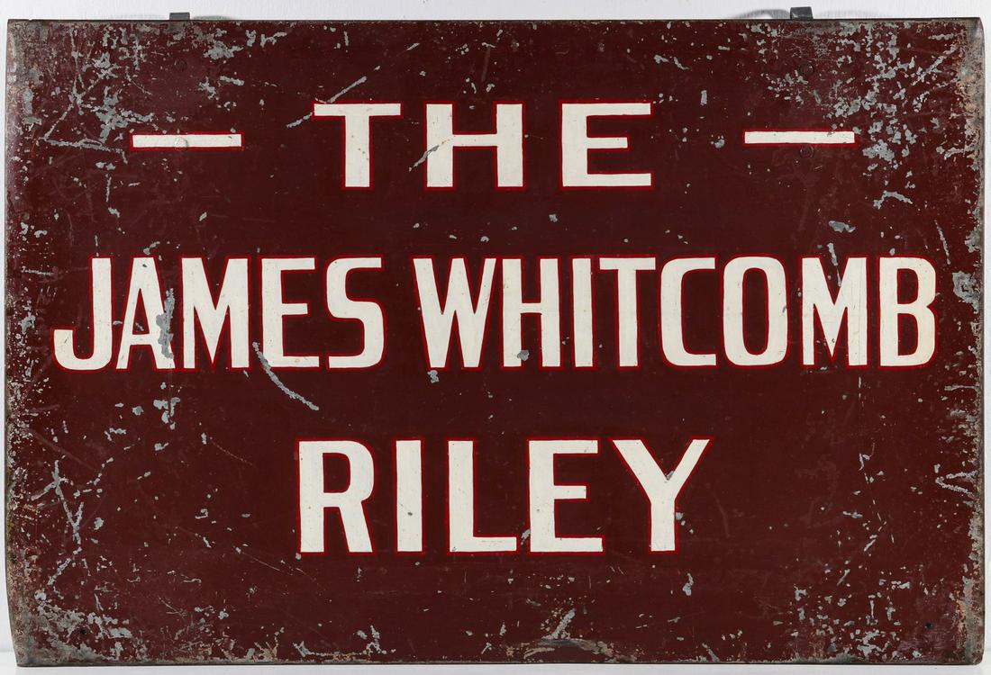 PAINTED STEEL GATE SIGN FOR THE JAMES WHITCOMB RILEY: The hanging sign for New York Central's all coach streamliner that ran between Chicago, Illinois, and Cincinnati, Ohio, via Indianapolis. Measures 23.25 x 35.25 inches. We happily provide seamless in-