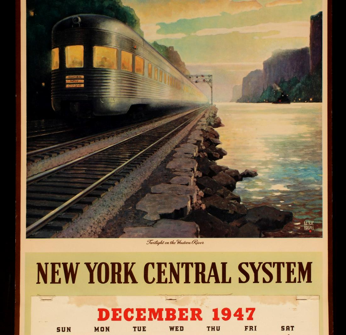 NEW YORK CENTRAL SYSTEM RAILROAD ADVERTISING CALENDARS: Six New York Central Systems calendars dated 1943, 1947, 1948, 1949, 1950, and 1951, illustrated posters by Leslie Ragan (1897-1972) and others, all with calendar pads. We happily provide seamless in-