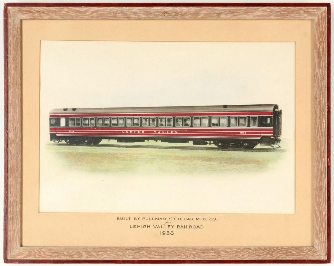 A PULLMAN MFG RENDERING OF LEHIGH VALLEY RR COACH 1510: The hand colored image of the Pullman S'T'D Car Mfg Co car 1510 for Lehigh Valley Railroad 1938 as lettered on the original mat, original matched frame. Sight through the mat measures 10 x 15.25 inche