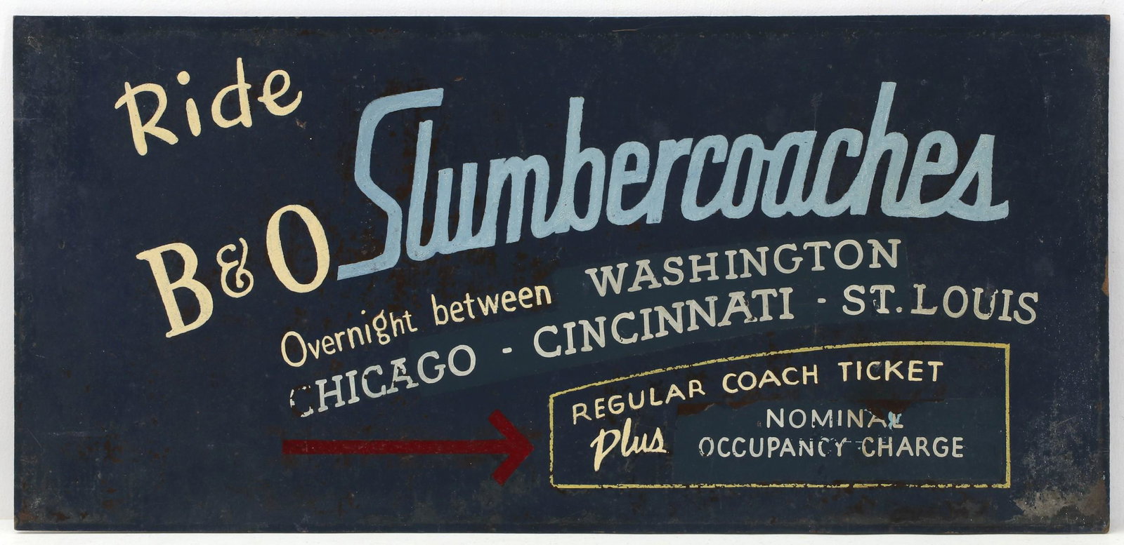 A HAND PAINTED SIGN FOR B & O SLUMBERCOACHES CIRCA 1940: The hand painted lettering and graphics on Masonite, circa 1960. Measures 18 x 38 inches. We happily provide seamless in-house packing and shipping services on nearly everything we sell.