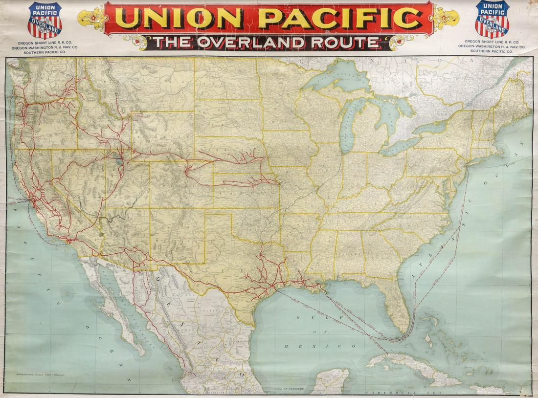 A UNION PACIFIC OVERLAND ROUTE RAILROAD MAP DATED 1912: The Union Pacific Railroad Company map titled 'The Overland Route,' copyright dated 1-'12. Width approximately 62 inches. We happily provide seamless in-house packing and shipping services on nearly e