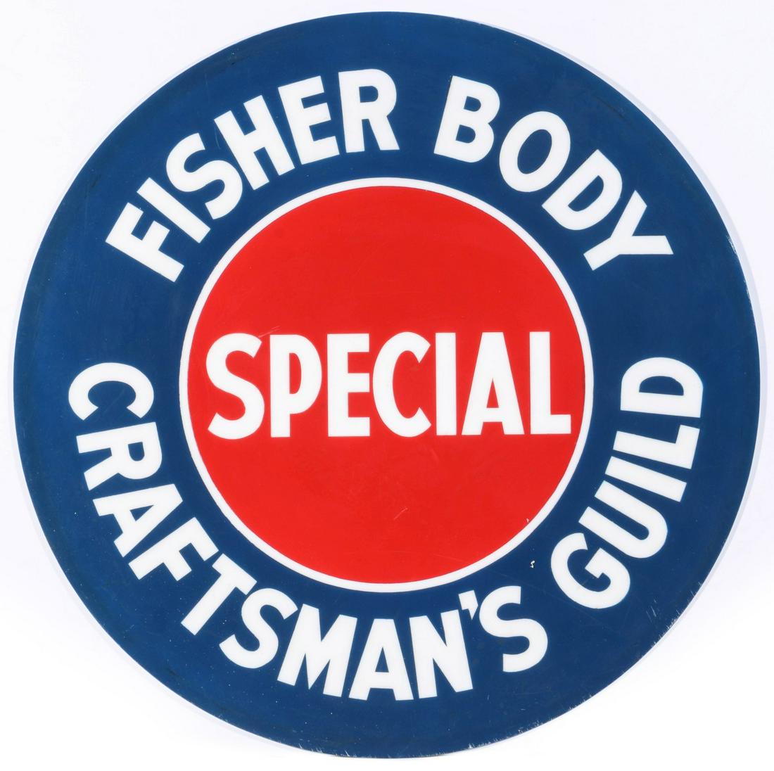 FISHER BODY CRAFTSMAN'S GUILD SPECIAL TRAIN SIGN LENS: The Fisher Body Craftsman's Guild was a program developed to cultivate future engineers and innovation. It ran from 1930 to 1968. This three color Plexiglass drum head sign lens would have tagged a sp