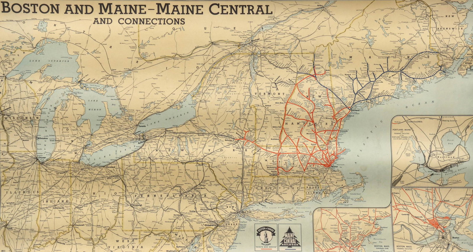 A BOSTON AND MAINE RAILROAD MAP DATED 1945: The Boston and Maine - Maine Central railway map of the eastern U.S., copyright dated 11-45 lower right, a polychrome wall hanging map signed J.W. Clement Co. We happily provide seamless in-house pack