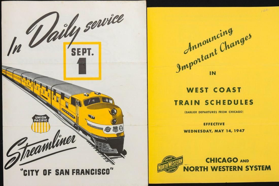 COLLECTION OF UNION PACIFIC TIME TABLES, BROCHURES: Forty two vintage travel brochures, maps, time tables and more related to the Union Pacific Railroad. . We happily provide seamless in-house packing and shipping services on nearly everything we sell.
