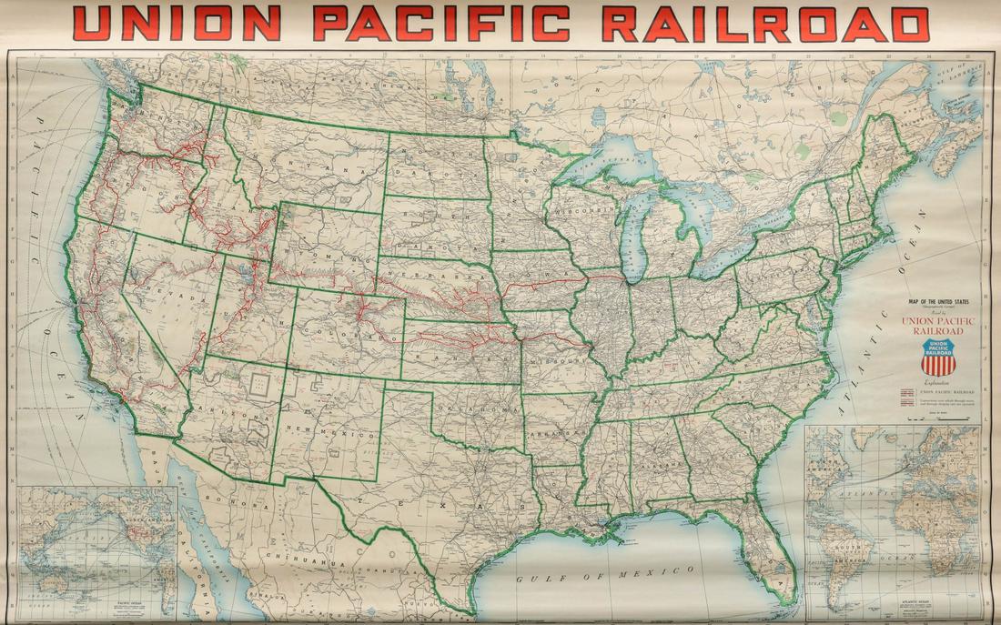 A UNION PACIFIC RAILROAD WALL MAP DATED 1956: A Union Pacific Railroad Company polychrome map copyright dated 1956, signed Rand McNally. Width approximately 62 inches. We happily provide seamless in-house packing and shipping services on nearly e