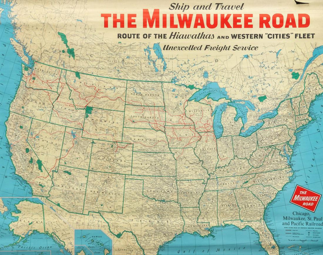 A C.M.ST.P.&P. 'MILWAUKEE ROAD' RAILWAY MAP DATED 1961: A Chicago, Milwaukee, St. Paul and Pacific Railroad wall map copyright dated 1-'61, signed Rand McNally, a polychrome wall map. Width approximately 62 inches. We happily provide seamless in-house pack