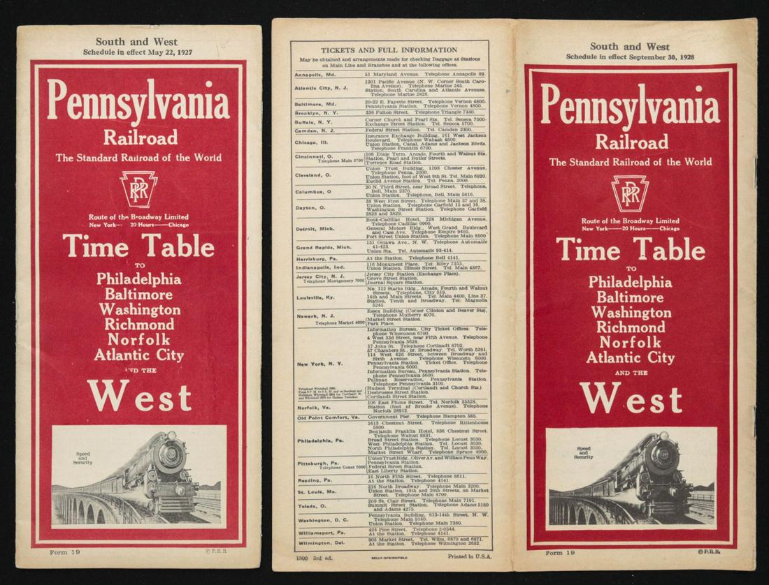 A COLLECTION OF P.R.R. TIME TABLES, BROCHURES: Eleven antique and vintage travel brochures, time tables and more related to the Pennsylvania Railroad. . We happily provide seamless in-house packing and shipping services on nearly everything we sel