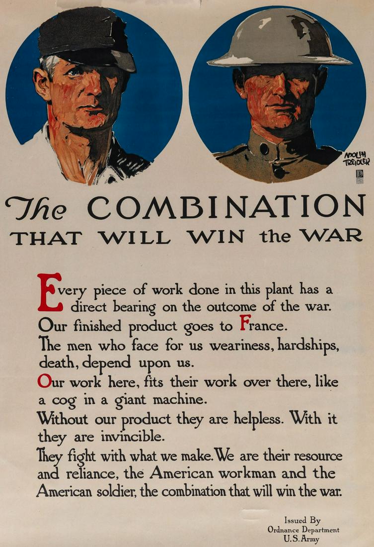 A WWI ORDNANCE DEPT. U.S. ARMY POSTER: The WWI propaganda poster titled 'The Combination That Will Win The War,' illustration by Adolf Treidler (1886-1981), signed Committee on Public Information Division of Pictorial Publicity. Measures 4