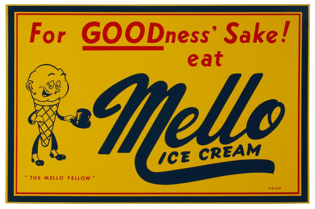 A NICE, BRIGHT MELLO ICE CREAM FLANGE SIGN DATED 1957: The double-sided three-color flange sign with graphic design of 'For GOODness' Sake! eat Mello Ice Cream,' and pictures the MELLO FELLOW, maker's markings lower right A-M 10-57. Measures 12 x 18 x 2 i
