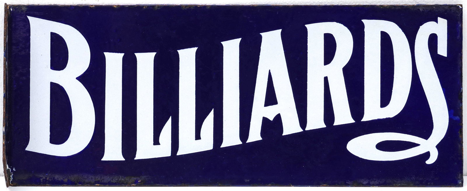 A SIMPLE CLASSIC PORCELAIN | BILLIARDS | FLANGE SIGN: The early 20th century double-sided two-color sign lettered BILLIARDS in a banner-like motif. Measures 6 x 15.25 x 1.5 inches. We happily provide seamless in-house packing and shipping services on nea