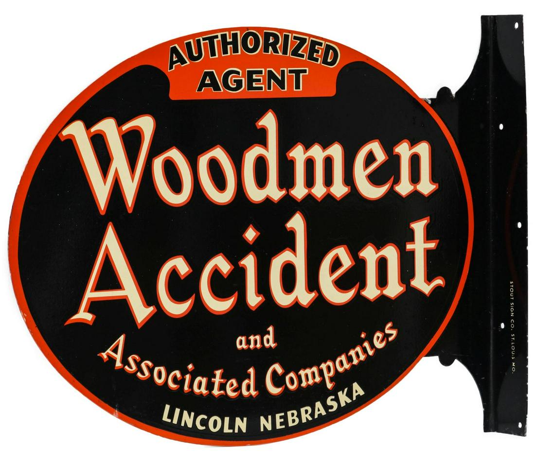 A GOOD BRIGHT FLANGE SIGN | WOODMEN ACCIDENT LINCOLN NE: A striking three-color double-sided flange sign in robust colors announcing AUTHORIZED AGENT for Woodmen Accident and Associated Companies Lincoln Nebraska. Measures 13 x 18.25 x 1.75 inches. We happi