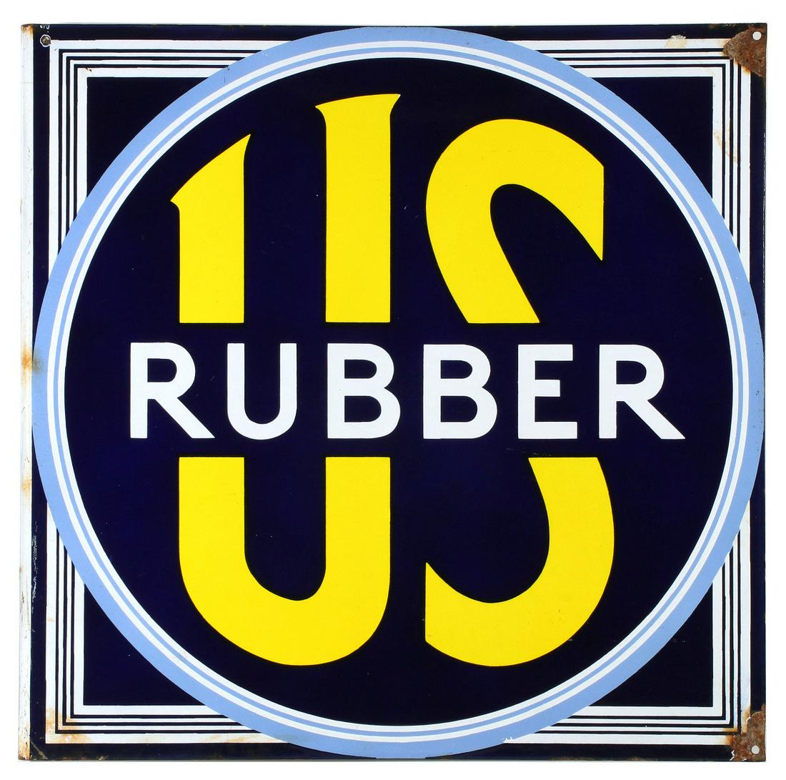 A VINTAGE US RUBBER PORCELAIN ENAMEL FLANGE SIGN: The four-color advertising sign for United States Rubber Company. Measures 23.75 x 24 x 2 inches. We happily provide seamless in-house packing and shipping services on nearly everything we sell.
