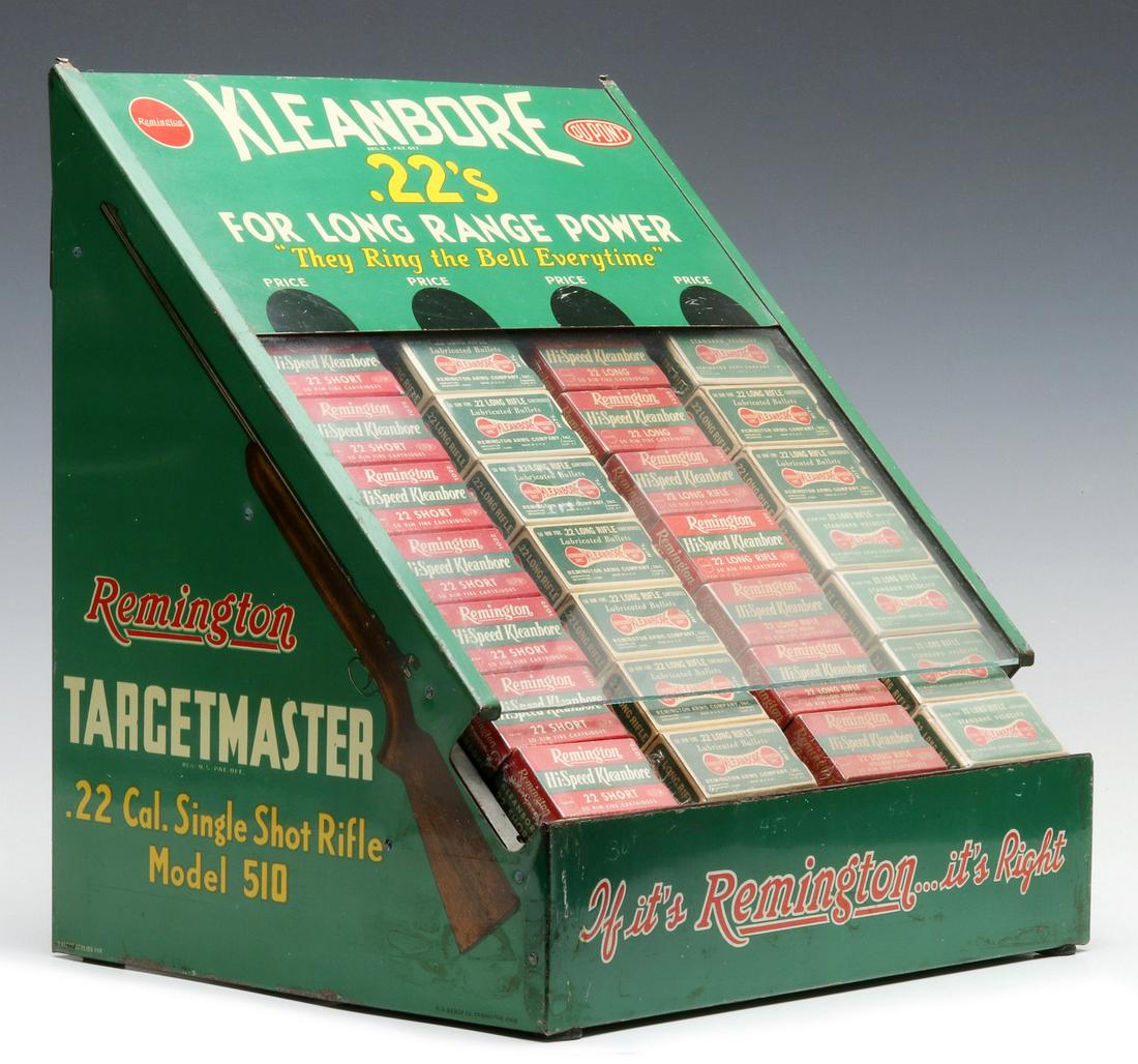REMINGTON DUPONT KLEANBORE .22 CARTRIDGE STORE DISPLAY: The slant front display with a variety of advertising and promotional slogans, including image of .22 Cal. Repeating Rifle Model 121 and .22 Cal Single Shot Rifle Model 510. Measures 13.25 x 12 x 10.2