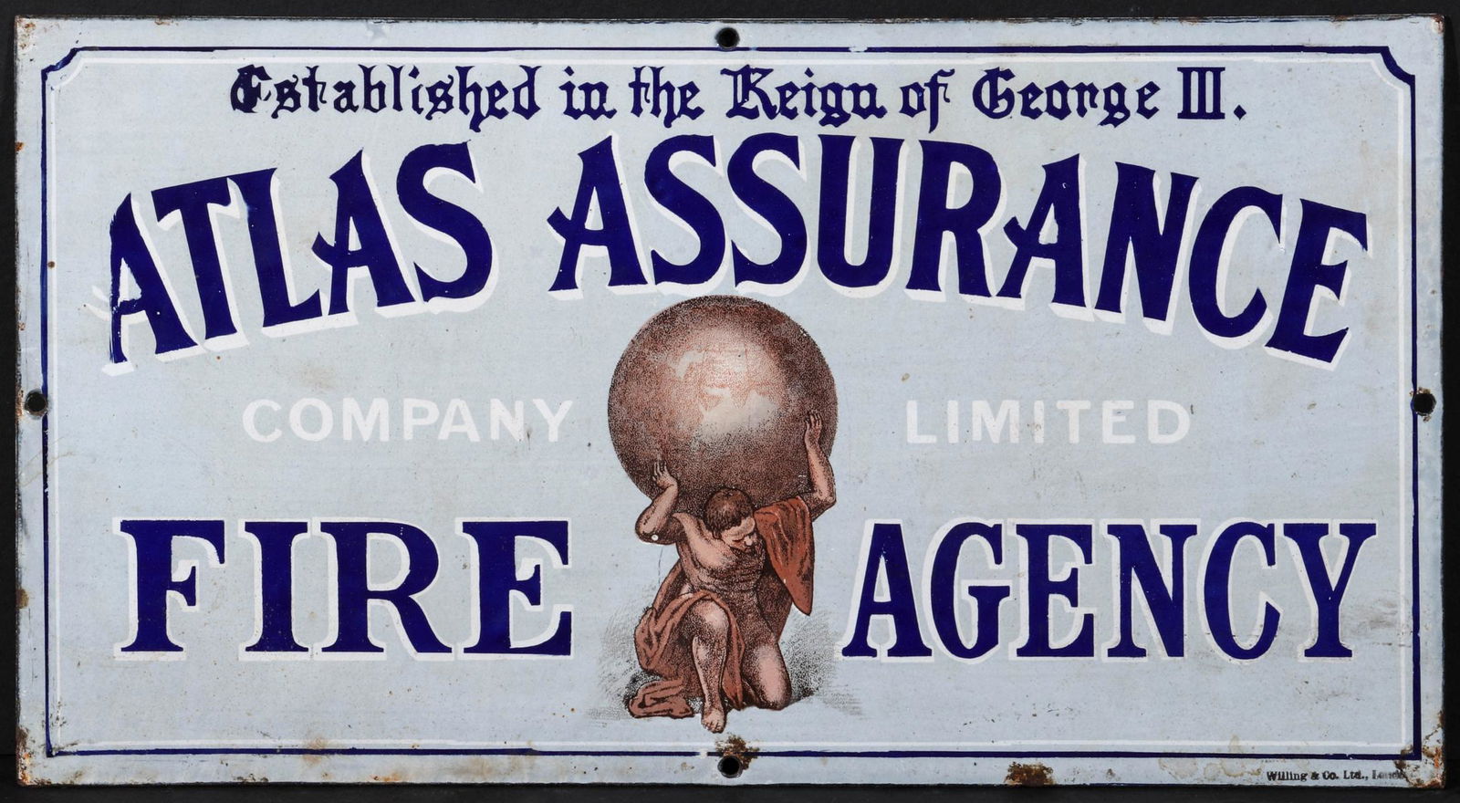 A PORCELAIN ENAMEL SIGN FOR ATLAS ASSURANCE FIRE AGENCY: An unusual porcelain enamel single sided sign with detailed five-color image of Atlas with the world upon his shoulders. The white base with blue shades and darker blue lettering along with some lette