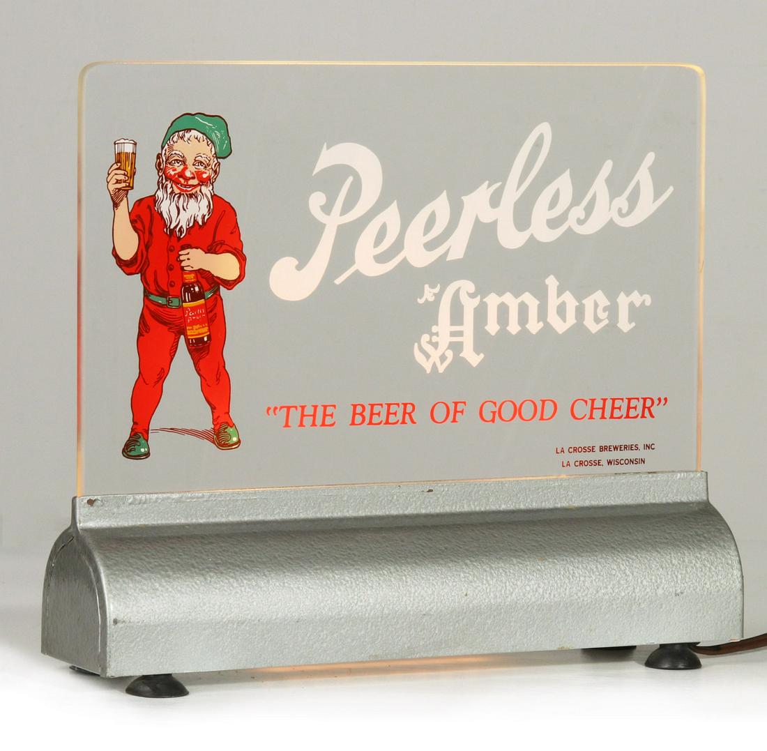 A GREAT PEERLESS AMBER BEER LIGHTED SIGN LA CROSSE WIS: The Beer of Good Cheer, Peerless Amber lighted beer sign with gnome for La Crosse Breweries as lettered lower right, and signed Gateway Glass, Lacrosse on the base by a faint inkstamp, circa 1950. Mea