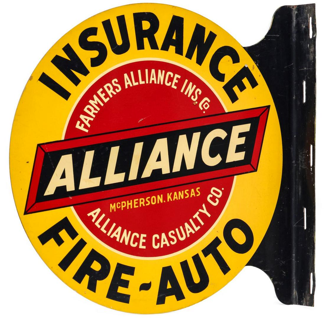 A CIRCULAR FLANGE SIGN FOR FARMER'S ALLIANCE INSURANCE: The promotion of McPherson, Kansas ALLIANCE CASUALTY FARMER'S INSURANCE CO FIRE - AUTO, the circular double-sided flange sign in three bold colors. Measures 17.75 x 18.5 x 2 inches. We happily provide