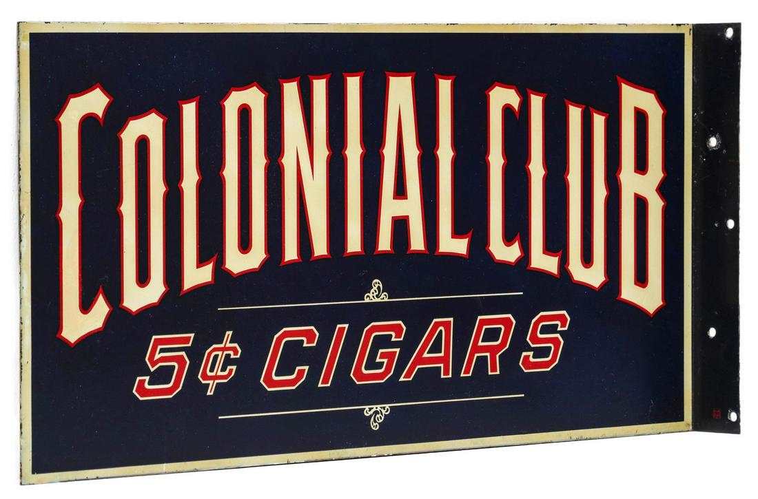 COLONIAL CLUB 5 CENT CIGARS THREE COLOR FLANGE SIGN: The red, cream and blue lettered double-sided sign circa 1920. Measures 8.25 x 18.75 x 1.5 inches. We happily provide seamless in-house packing and shipping services on nearly everything we sell.