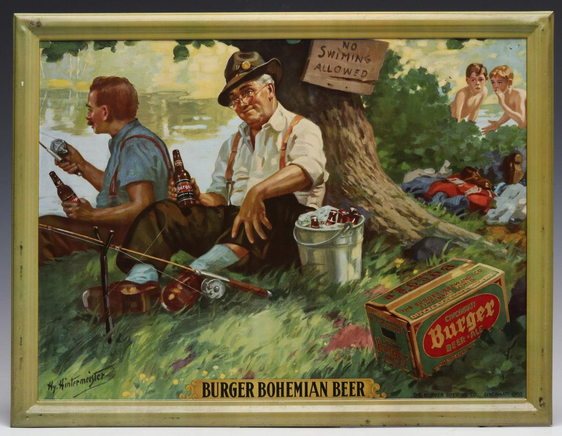 A BURGER BOHEMIAN BEER SELF-FRAMED TIN LITHO SIGN: The polychrome tin lithograph advertising sign for Burger Bohemian Beer, brewed by the Windisch-Muhlhauser Lion Brewery of Cincinnati, Ohio, illustration by John Henry 'Hy' Hintermeister (1869-1945),