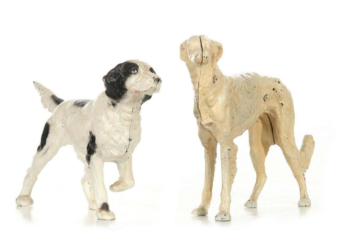 HUBLEY SETTER AND BORZOI CAST IRON DOG DOORSTOPS: The pointing setter in black, white and other paint details; plus a Borzoi in ivory colored paint only. Measures 10 x 16 x 2.25 and 8.5 x 15 x 3 inches. We happily provide seamless in-house packing an