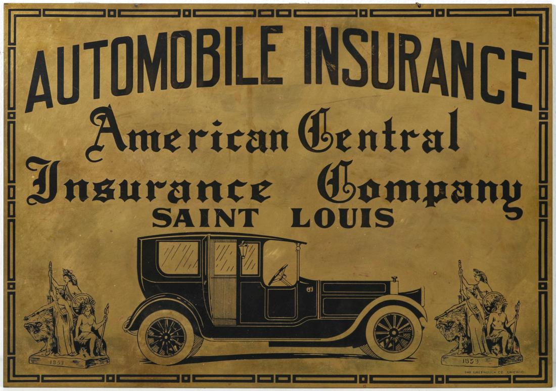 AMERICAN CENTRAL INSURANCE SIGN WITH 1930s AUTOMOBILE: The sheet brass sign with acid cut-back lettering, imagery and graphics highlighted by black enamel paints, depiction of a 1930s automobile with allegories of the American nation either end. maker's n