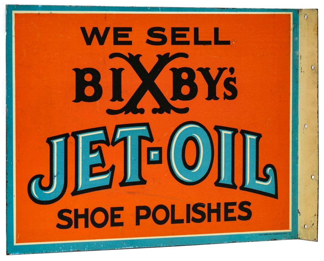 FLANGE SIGN | WE SELL BIXBY'S JET-OIL SHOE POLISHES: The four-color painted metal flange sign in unusual and impactful colors. Measures 11.5 x 16 x 1.75 inches. We happily provide seamless in-house packing and shipping services on nearly everything we s