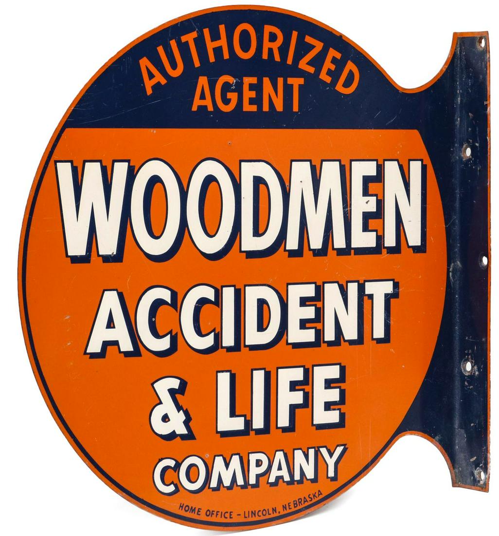 A TWO-SIDED CIRCULAR FLANGE SIGN FOR WOODMEN INSURANCE: AUTHORIZED AGENT WOODMEN ACCIDENT AND LIFE COMPANY, Home Office Lincoln, Nebraska, in three colors. Measures 17.5 x 17.75 x 2 inches. We happily provide seamless in-house packing and shipping services