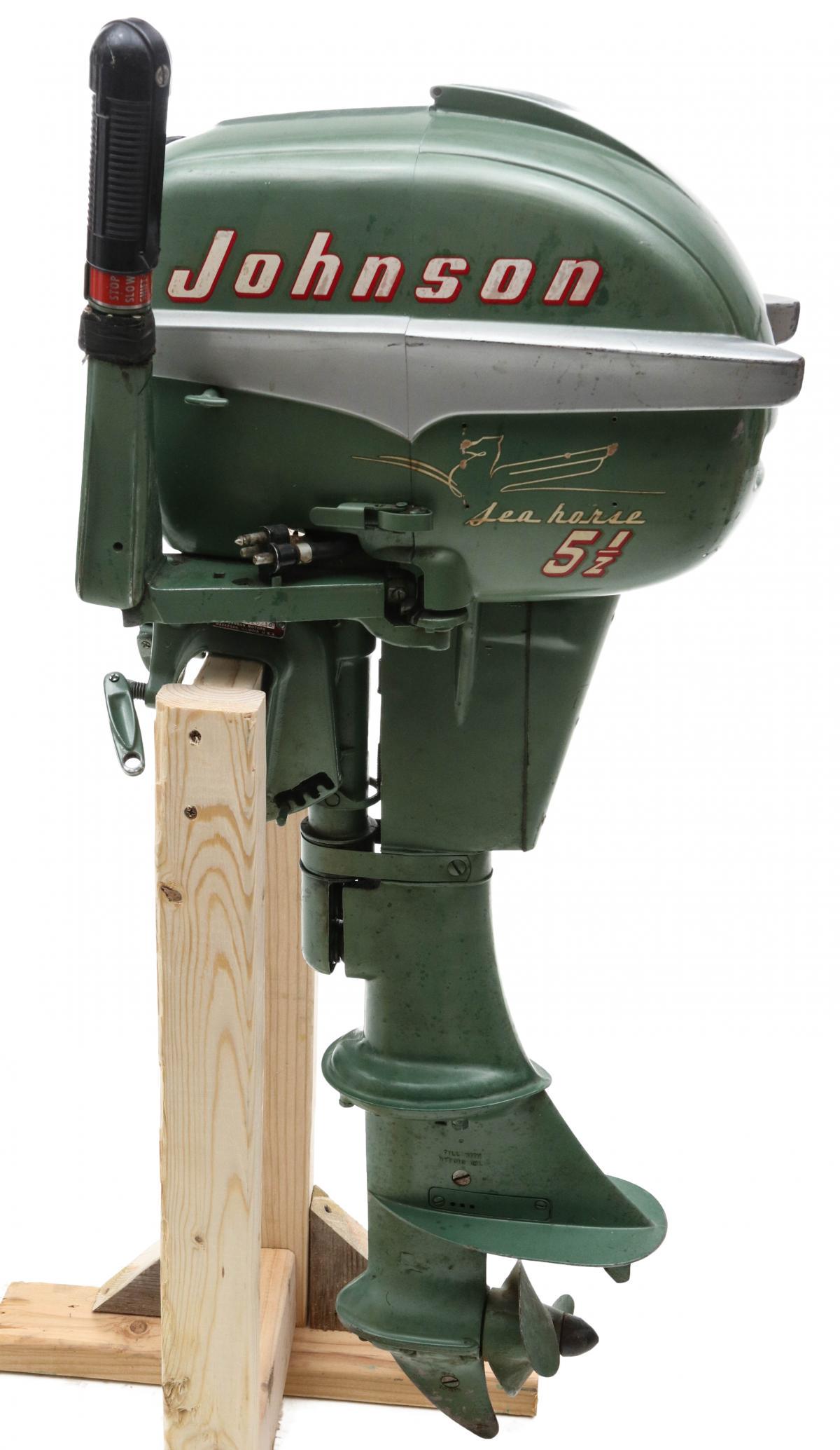 A JOHNSON SEAHORSE 5-1/2 HORSEPOWER OUTBOARD MOTOR: The olive green model manufactured circa 1960 with twin cylinders and 5.5 HP. Motor measures 40 x 14 x 18 inches. We happily provide seamless in-house packing and shipping services on nearly everythin
