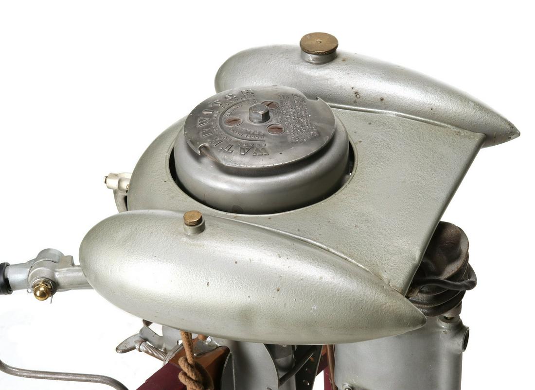 A SEARS & ROEBUCK WATERWITCH OUTBOARD MOTOR C 1940: Model MB, serial numbered 571-10. Measures 36 x 15 x 23 inches. We happily provide seamless in-house packing and shipping services on nearly everything we sell.
