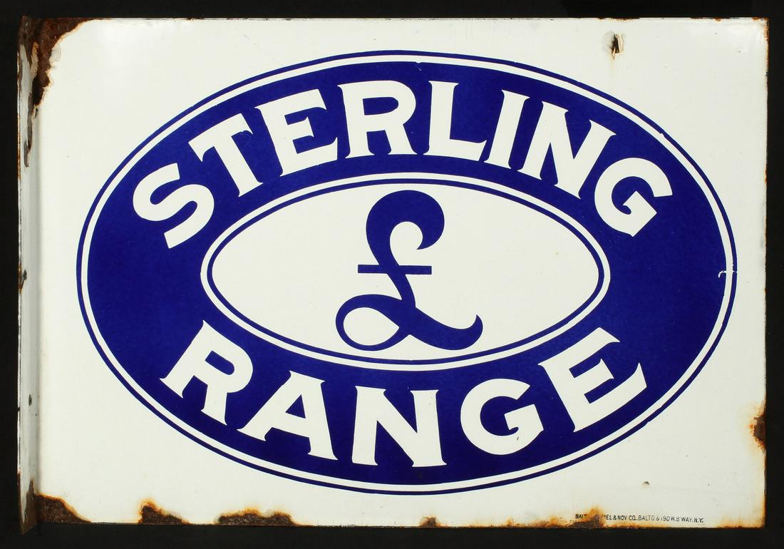 A VINTAGE STERLING RANGE ADVERTISING FLANGE SIGN: A two-color flange sign for Sterling Range, signed Baltimore Enamel & Novelty Co. lower right. Measures 14 x 20 x 2 inches. We happily provide seamless in-house packing and shipping services on nearly