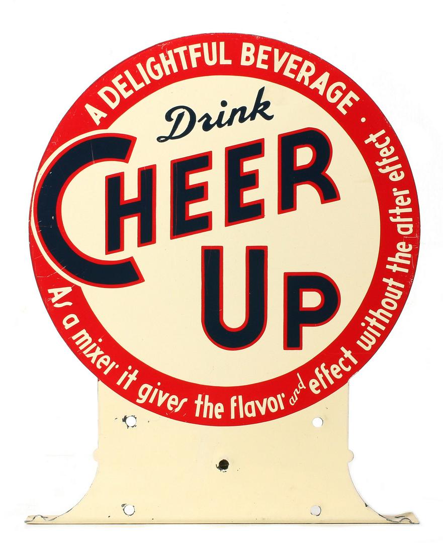 CHEER UP BEVERAGE ADVERTISING FLANGE SIGN: The circa 1940s vertical flange sign in three colors. Measures 12.5 x 10 x 1.5 inches. We happily provide seamless in-house packing and shipping services on nearly everything we sell.