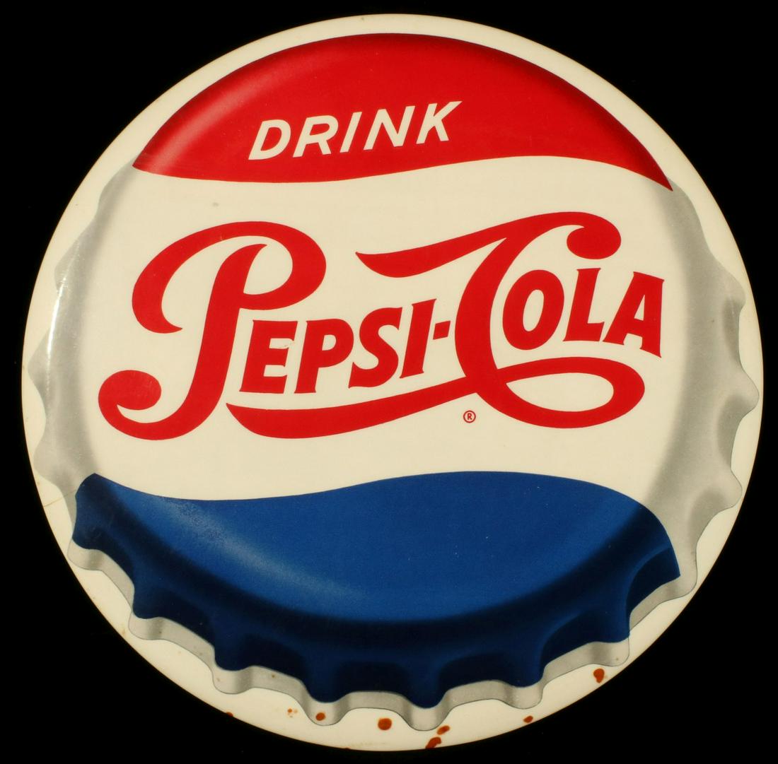 A PEPSI-COLA CELLULOID STANDEE BOTTLE CAP SIGN: The button or badge with bottle cap motif, circa 1940s. Measures 9 inches in diameter. We happily provide seamless in-house packing and shipping services on nearly everything we sell.