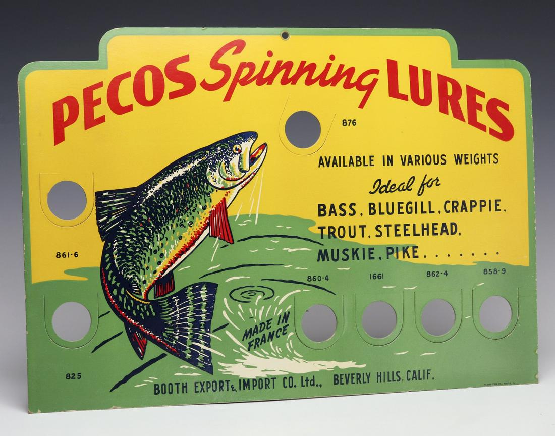 A COLORFUL CARDBOARD DISPLAY FOR PECOS SPINNING LURES: The brightly colored cardboard standee sign advertising 'Pecos Spinning Lures' from Booth Export & Import Company, four-color printing, new old stock condition, Scioto Sign Company lower right. Measur