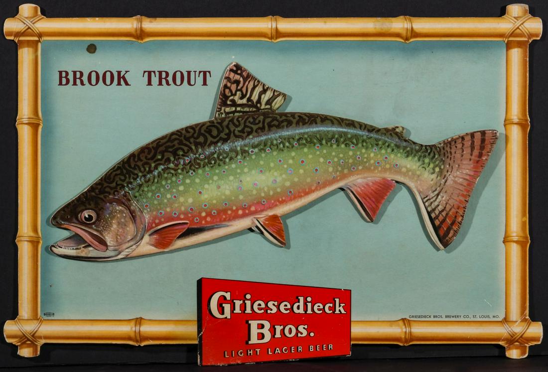 A GRIESEDIECK BROS. BREWERY DIE CUT ADVERTISING SIGN: The mid 20th century die cut cardboard sign for Griesedieck Brothers Light Lager Beer with company graphics and a die-cut Brook Trout, polychrome printing, signed lower right. Sign measures 13.5 x 20,