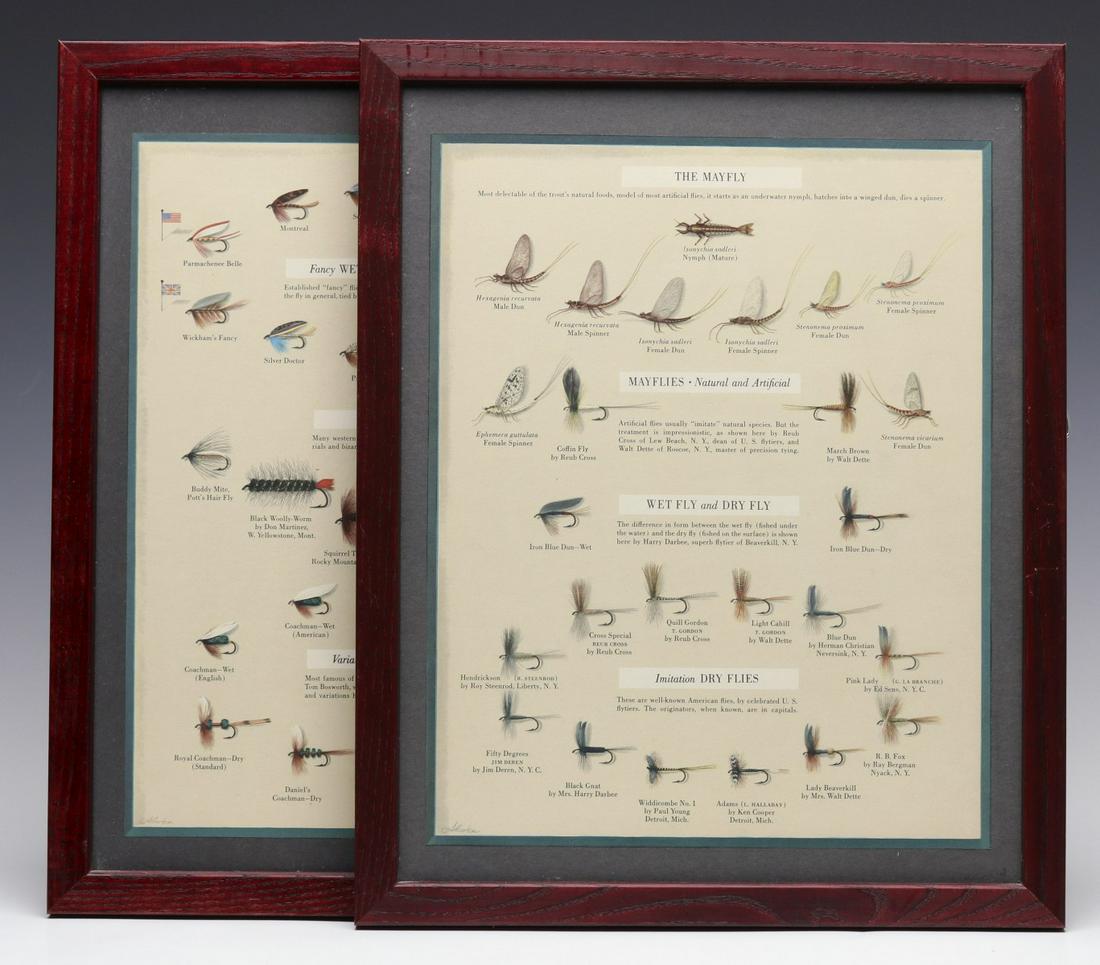 ILLUSTRATED FISHING FLY LITHOGRAPHS BY JOHN ATHERTON: Two color lithographs titled 'The Mayfly' and 'Western Flies,' illustrator John Atherton (1900-1952), printed artist's signature lower left. Measure 9.25 x 12 inches and frames are 15 by 12 inches. We