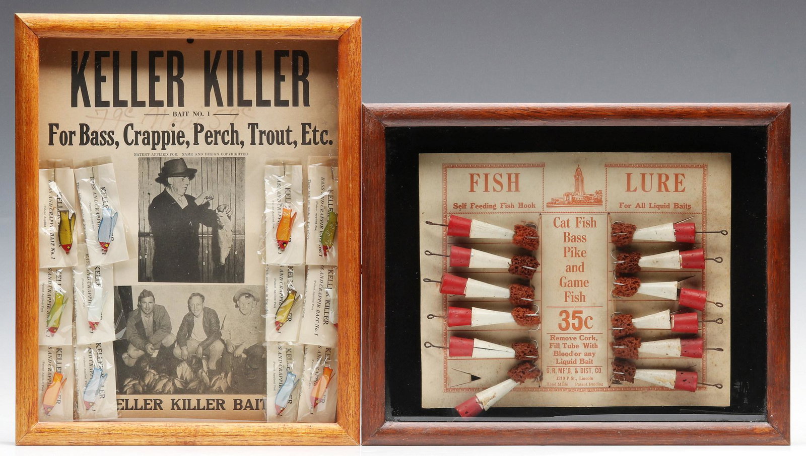 NEW OLD STOCK FISHING LURE STORE DISPLAYS CIRCA 1960: Two framed displays original to the period and unused. Measures 15 x 12 x 1.75 and 15 x 12 x 1.75 inches. We happily provide seamless in-house packing and shipping services on nearly everything we sel