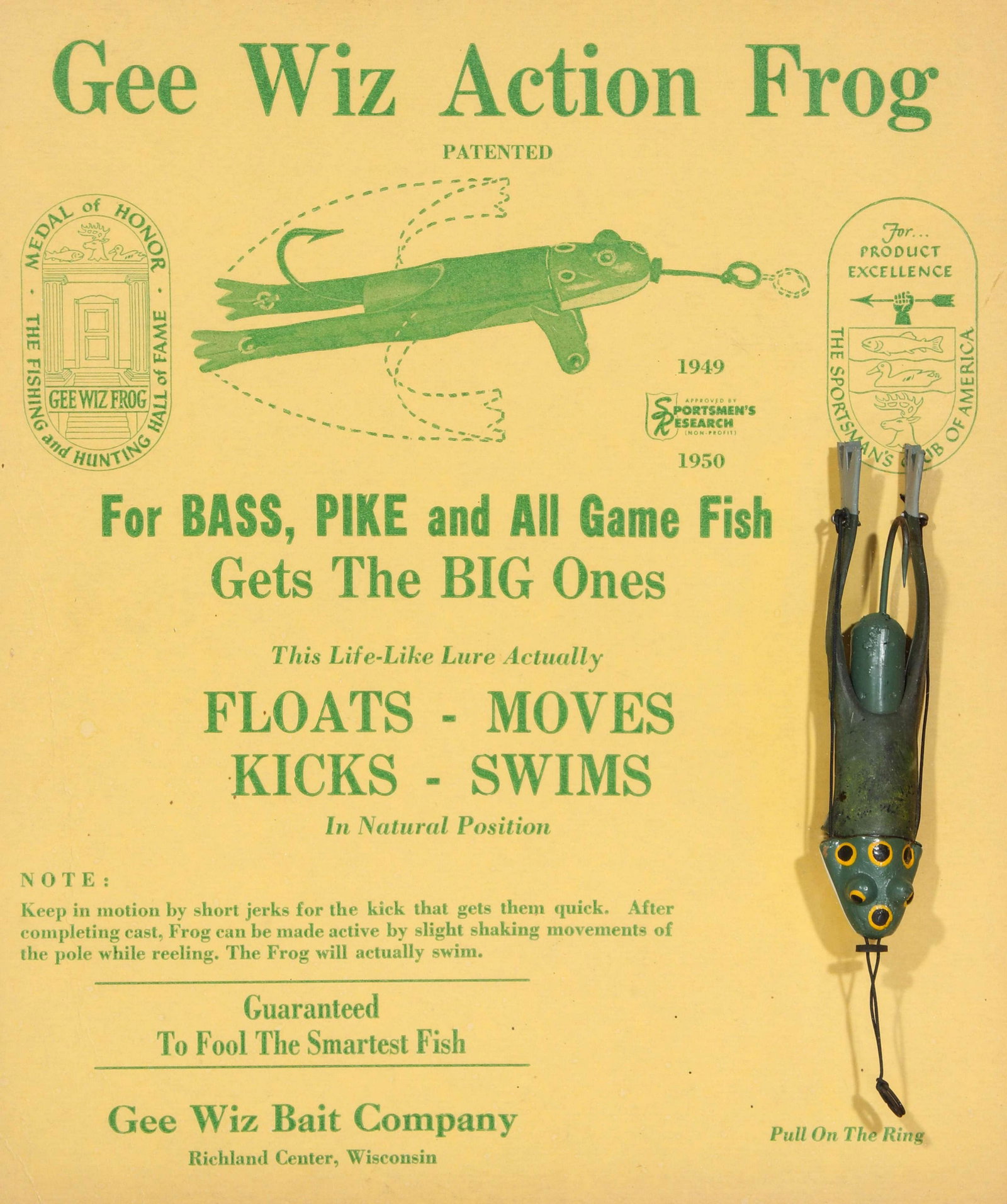 THE GEE WIZ ACTION FROG LURE AND STORE DISPLAY: Advertising for the mid 20th century action lure, new old stock, mounted in frame. Measures 14.75 x 12 x 2.5 inches. We happily provide seamless in-house packing and shipping services on nearly everyt