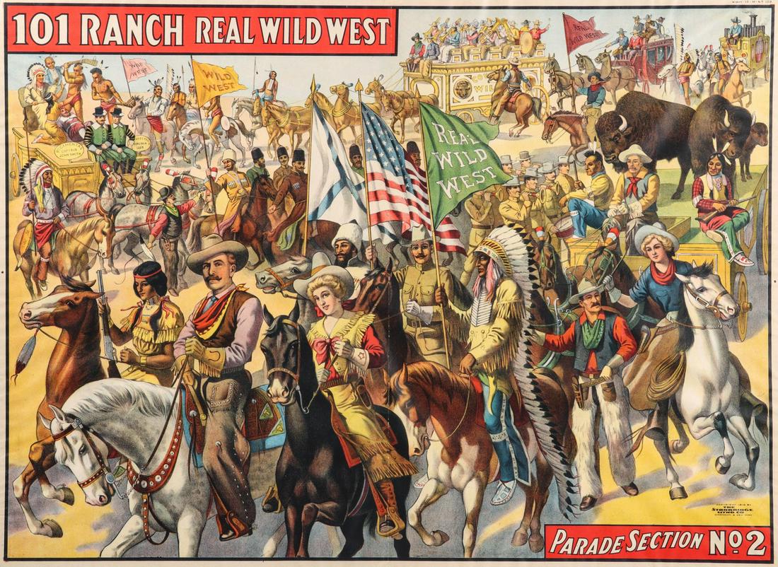 A LINEN BACKED 101 RANCH REAL WILD WEST STONE LITHO: The full color stone lithograph poster titled Parade Section No. 2, a depiction of the 101 Ranch Show trick riders, cowboys, Native Americans, Overland Mail Stagecoach replica, band organs, military b