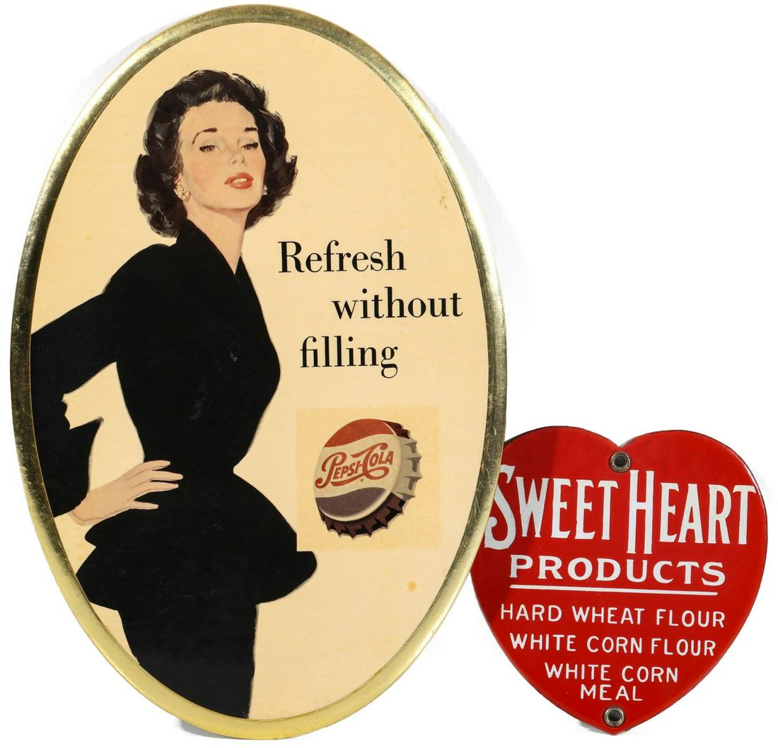 SWEETHEART FLOUR PORCELAIN AND PEPSI CELLULOID SIGNS: Two good signs:. 1. The popular oval celluloid standee with beauty circa 1960. 2. A very nice Sweetheart Flour Products heart shape porcelain enamel sign listing their products Hard Wheat and White Co